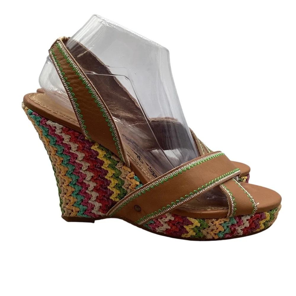 Naughty Monkey Women Tan Leather Woven Straw Platform‎ Wedge Sandals Multi-Color